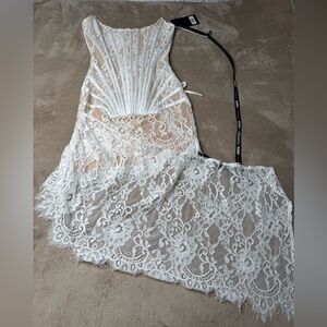 White Lace Corset Mini Dress with Satin Ribbon Lacing